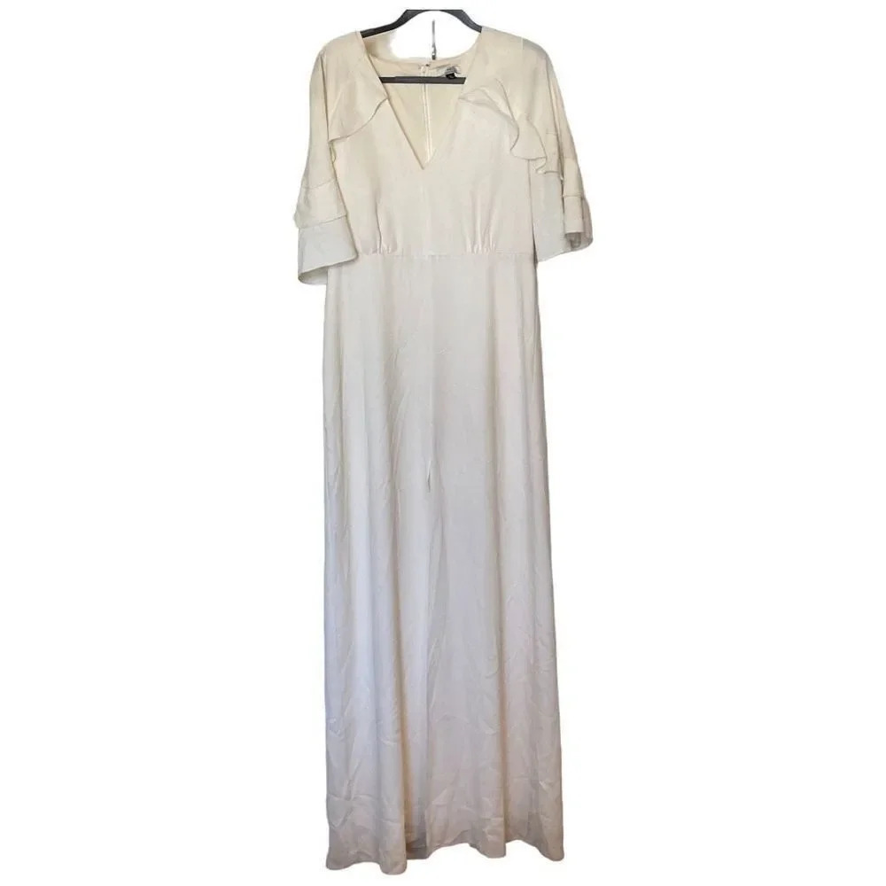 NWT Halston Women's White V Neck Flutter Short Sleeve Maxi Long Dress Size 12